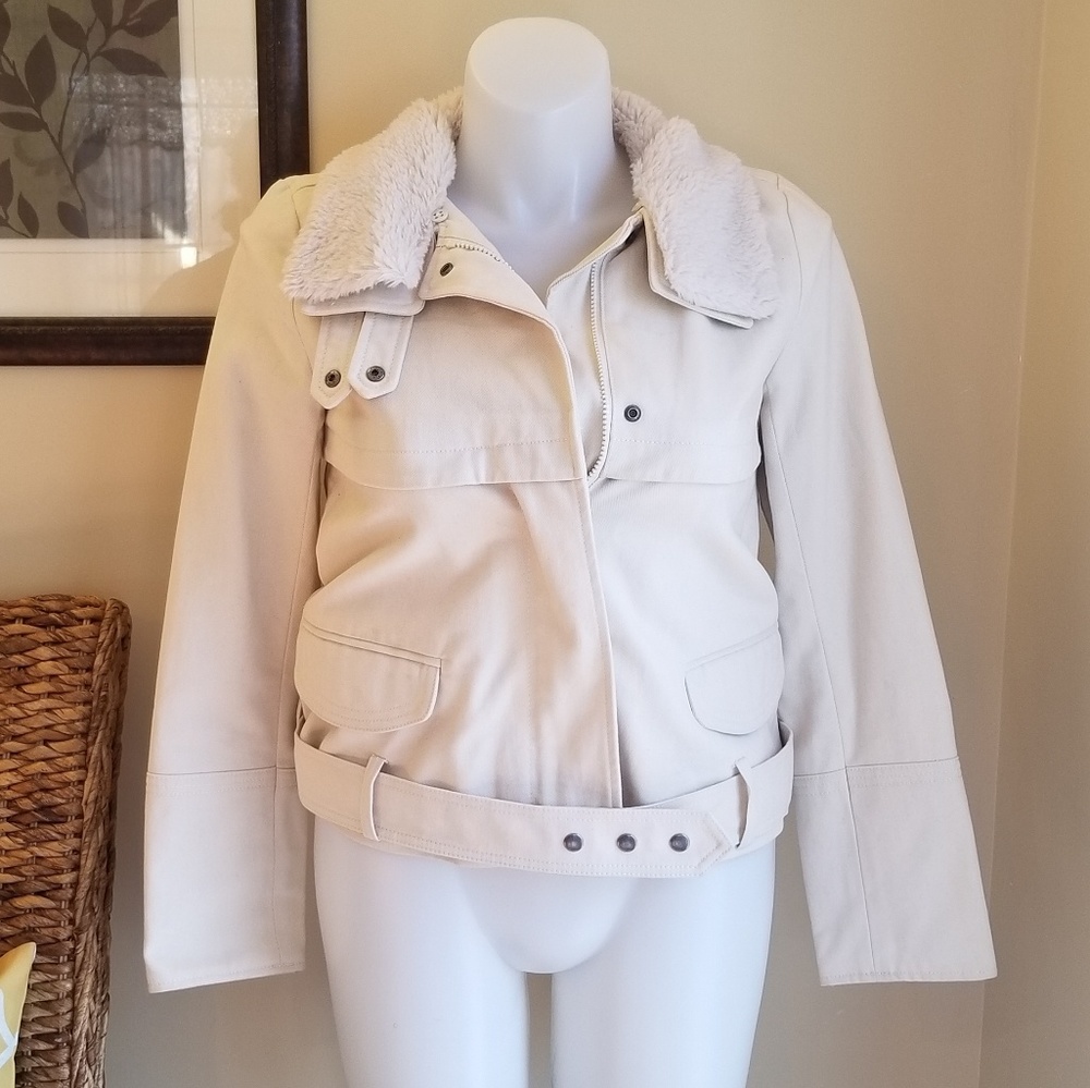 Gap Women Moto Zip Biker Jacket Fur Collar Ivory